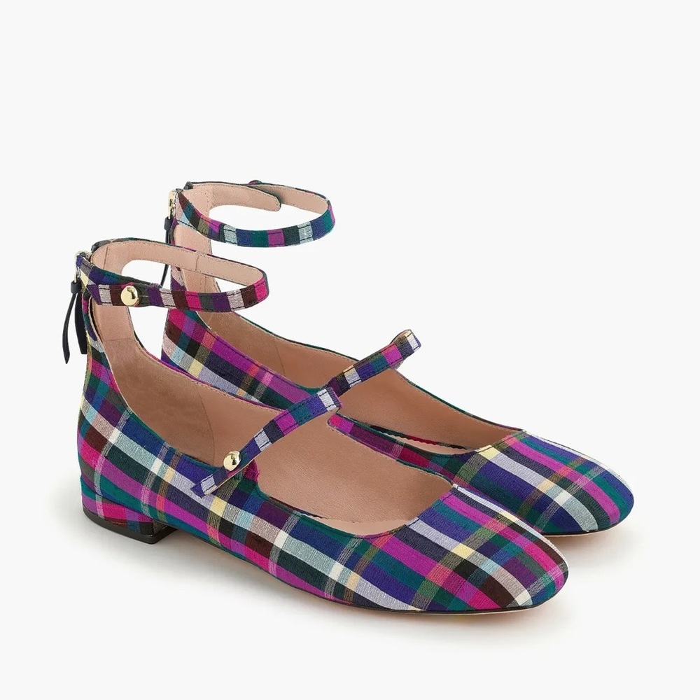 New J.Crew Poppy Double Strap Flats in turquoise peony checks